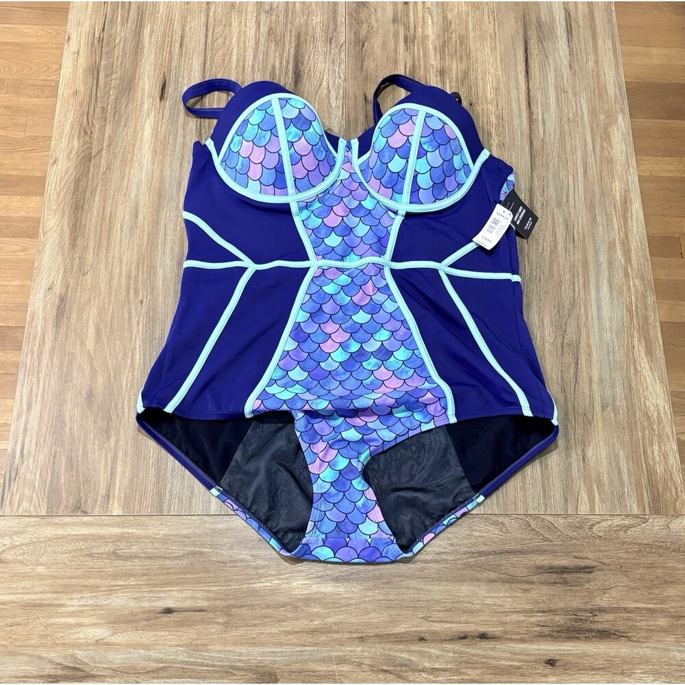 Torrid Size 2 D/DD One Piece Blue Mermaid Swimsuit Built In Cups Mid Coverage